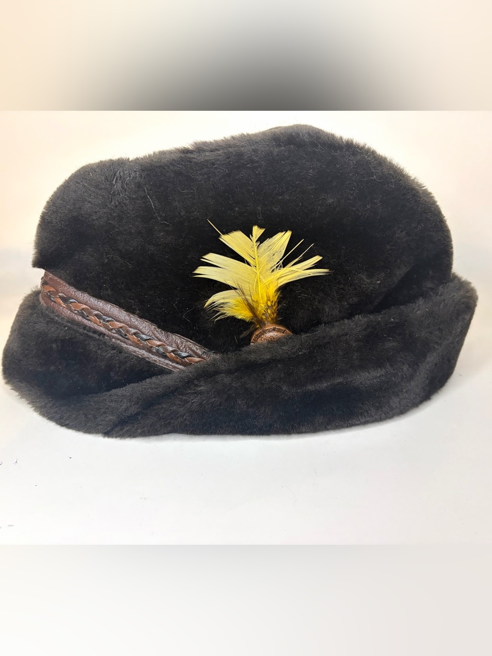Vtg Baskin Chicago Fur Tyrolean Alpine Hat Men XL Black Leather Braided Plume